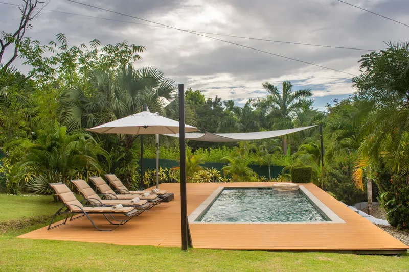 Backyard pool with lounge chairs and an umbrella among green trees